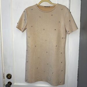 Zara Beige Tan Rhinestone Faux Suede Shift Dress Size S